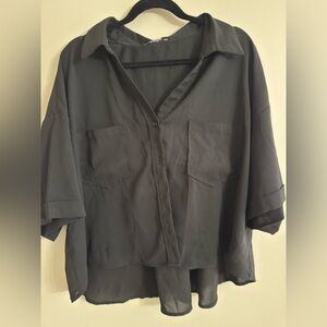 Cider Black Sheer Button-Up Cropped Blouse